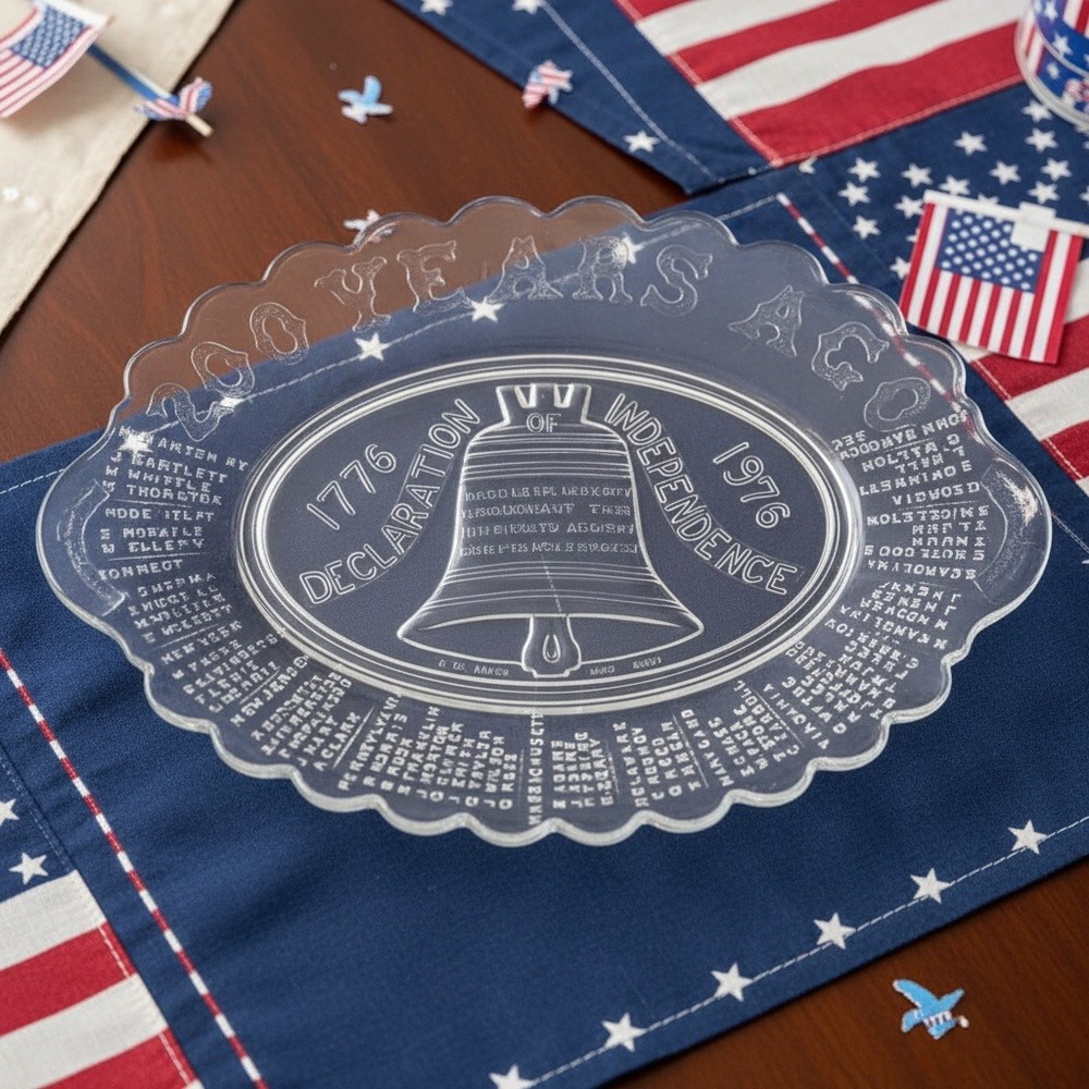 Bicentennial Liberty Bell Collector Plate, Vintage Clear Pressed Patriotic Glass